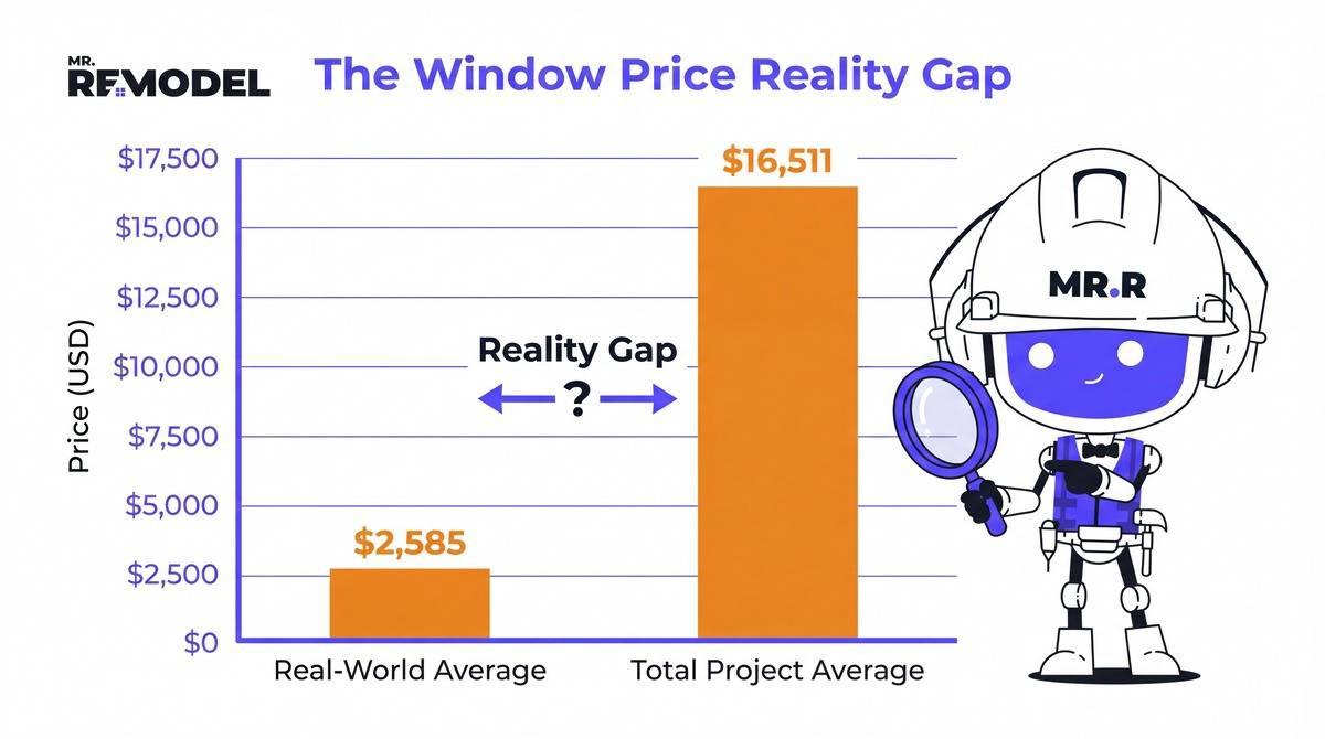 A bar chart infographic comparing national budget window prices to real-world averages, showing the significant difference in investment for high-performance installations.
